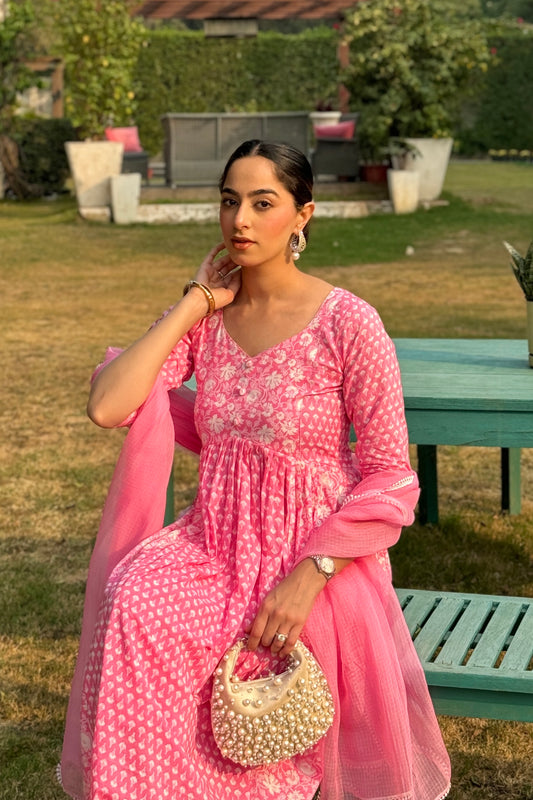 Pink Gathered Printed Cotton Suit (Set of 3)