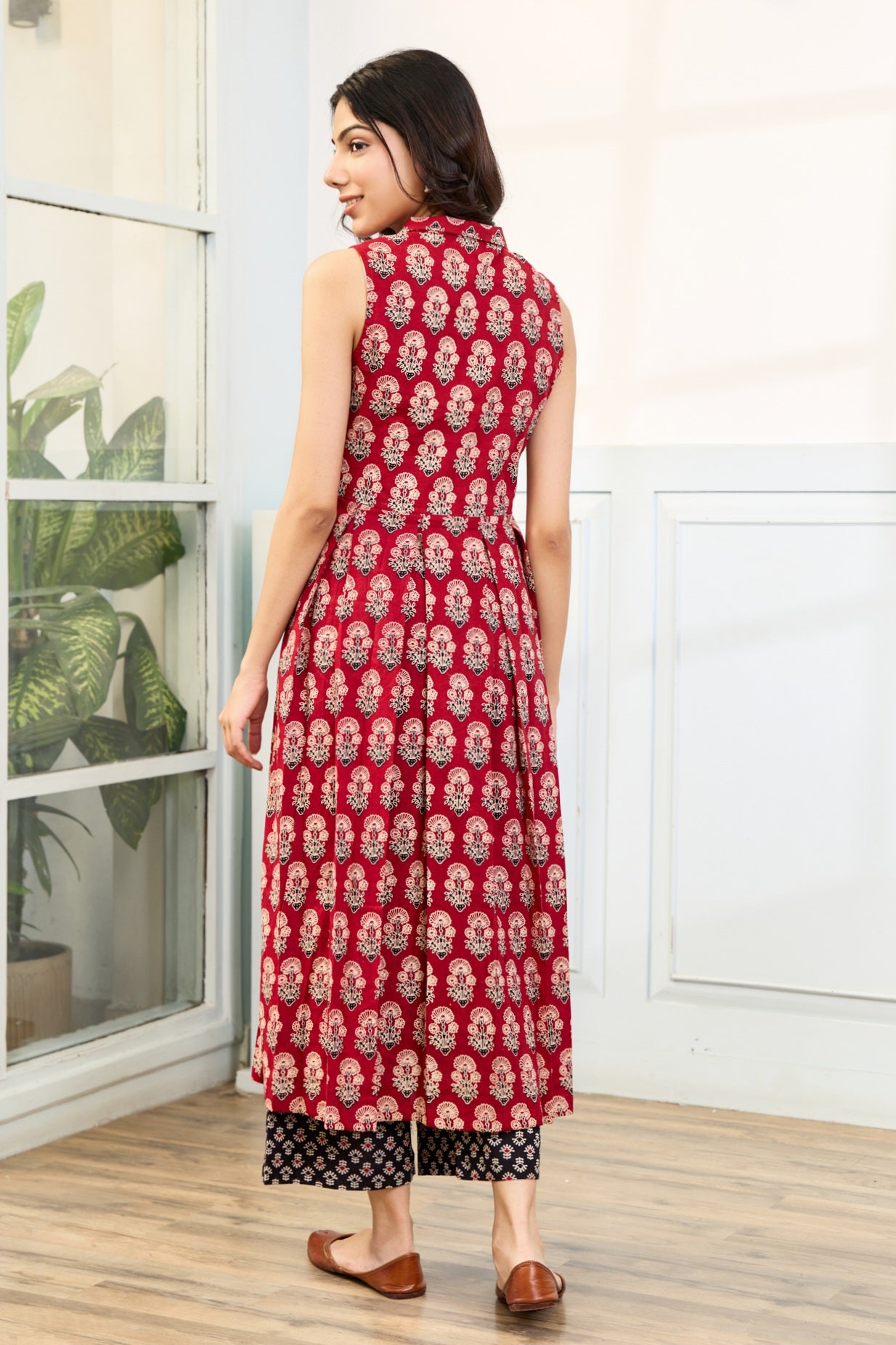 Maroon Ajrakh Box Pleated Kurta with Palazzo (Set of 2)