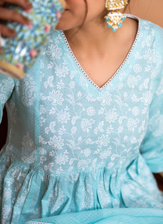 Pastel Blue Cotton Printed Sharara (Set of 3)