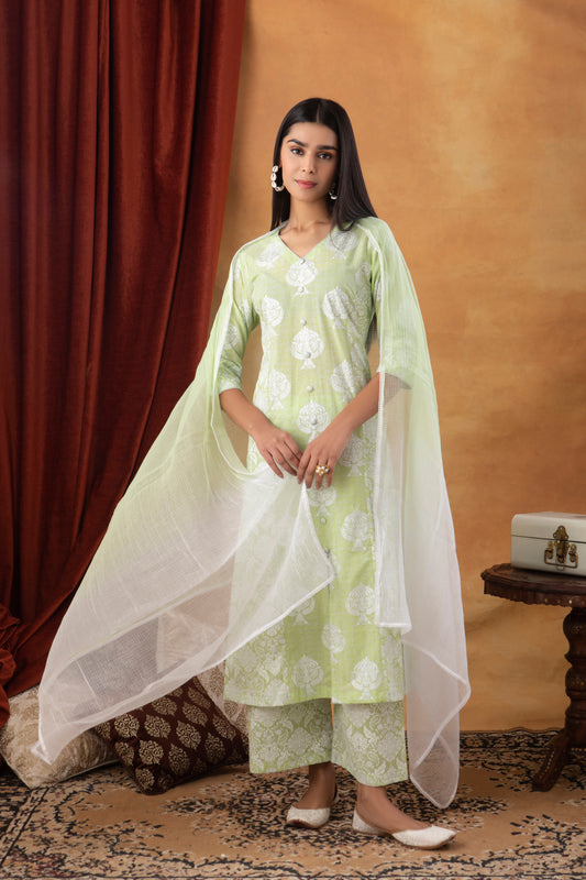 Green A-Line Printed Suit (Set of 3)