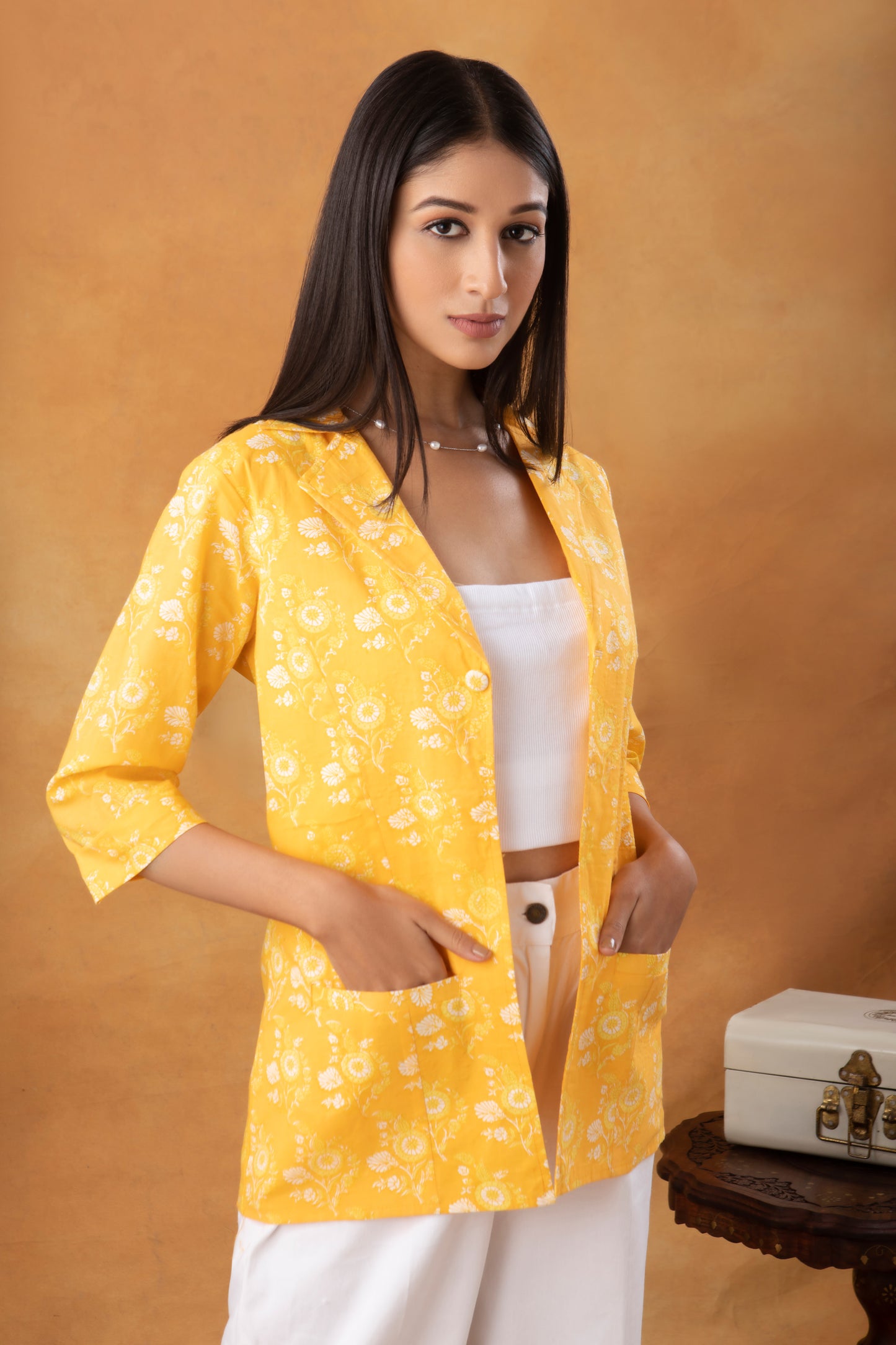 Yellow Cotton Printed Casual Blazer