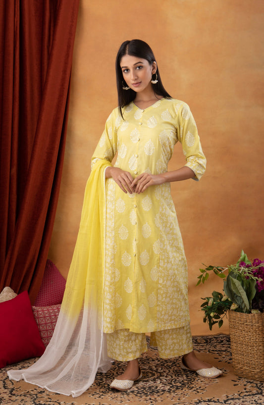 Lemon A-Line Printed Cotton Suit (Set of 3)