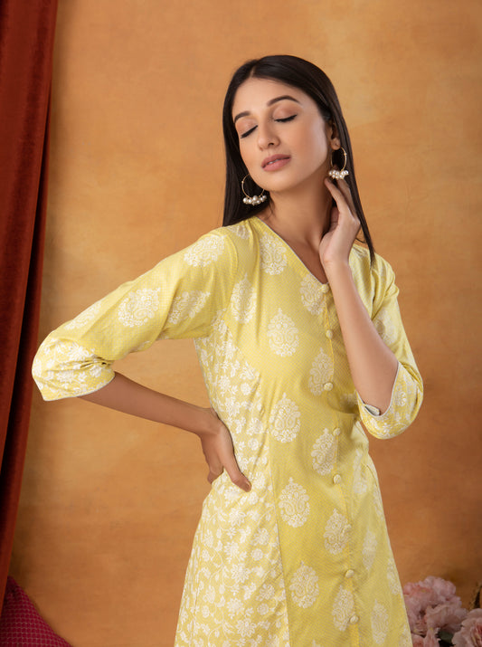 Lemon A-Line Printed Cotton Suit (Set of 3)