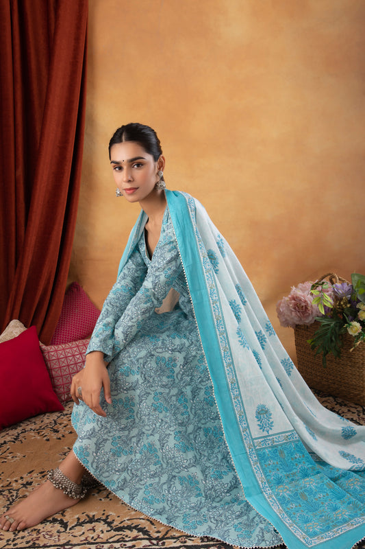 Sky Blue Floor length Printed Kurta & Dupatta (Set of 2)