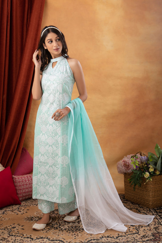 Mint Halter Neck Cotton Printed Suit (Set of 3)