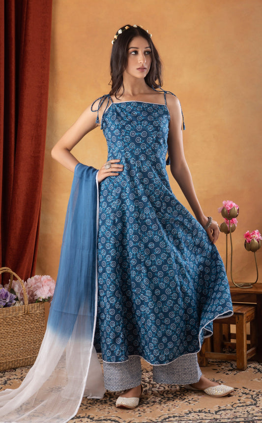 Indigo Printed Strappy Kurta Suit (Set of 3)