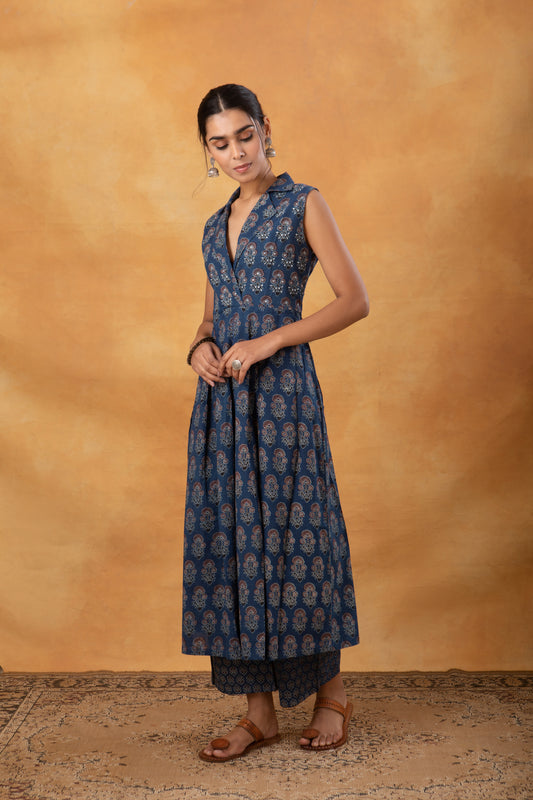 Indigo Ajrakh Box Pleated Kurta with Palazzo (Set of 2)