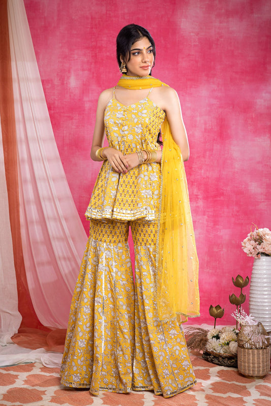 Yellow Cotton Printed Sharara Suit (Set of 3)