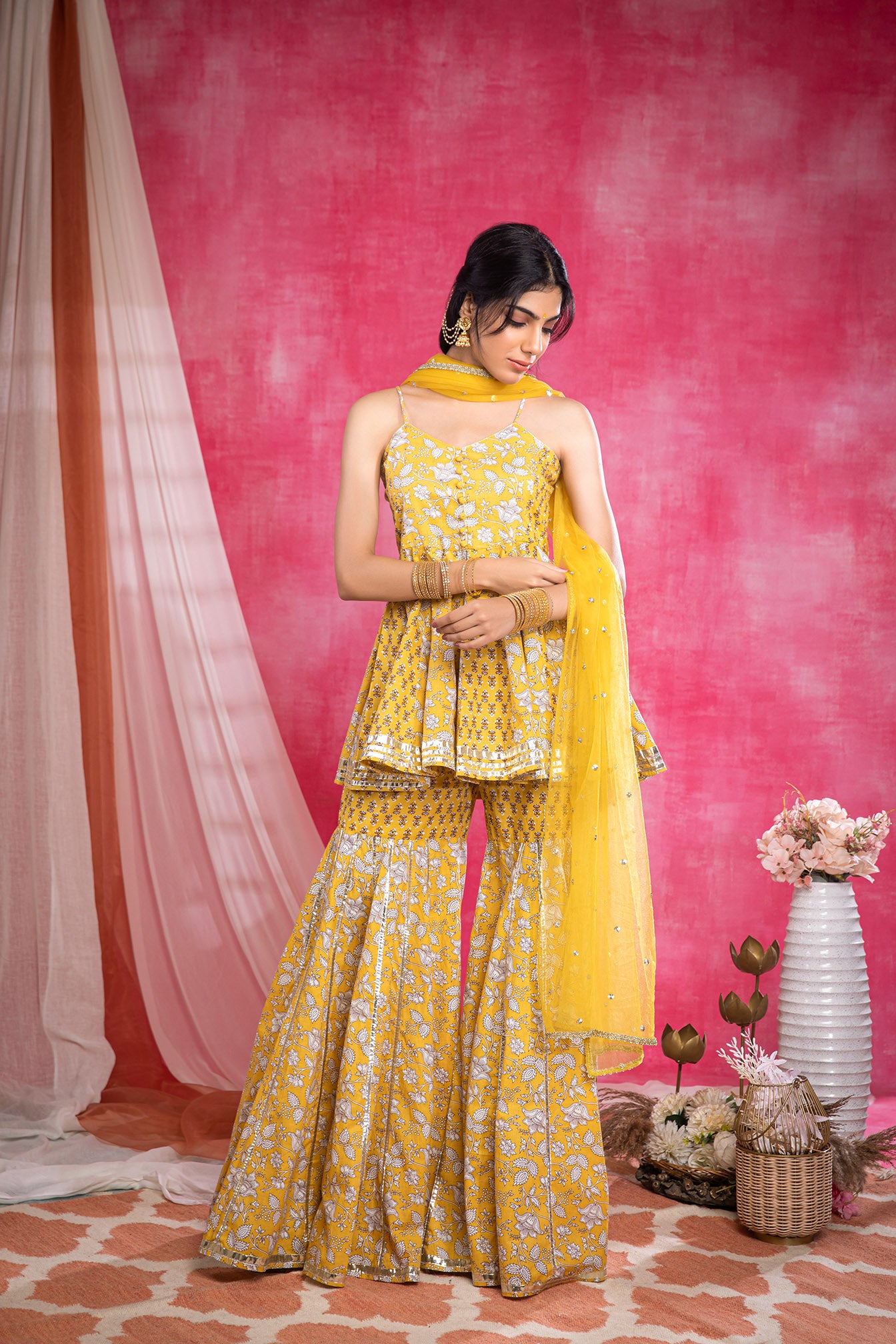 Yellow Cotton Printed Sharara Suit (Set of 3)