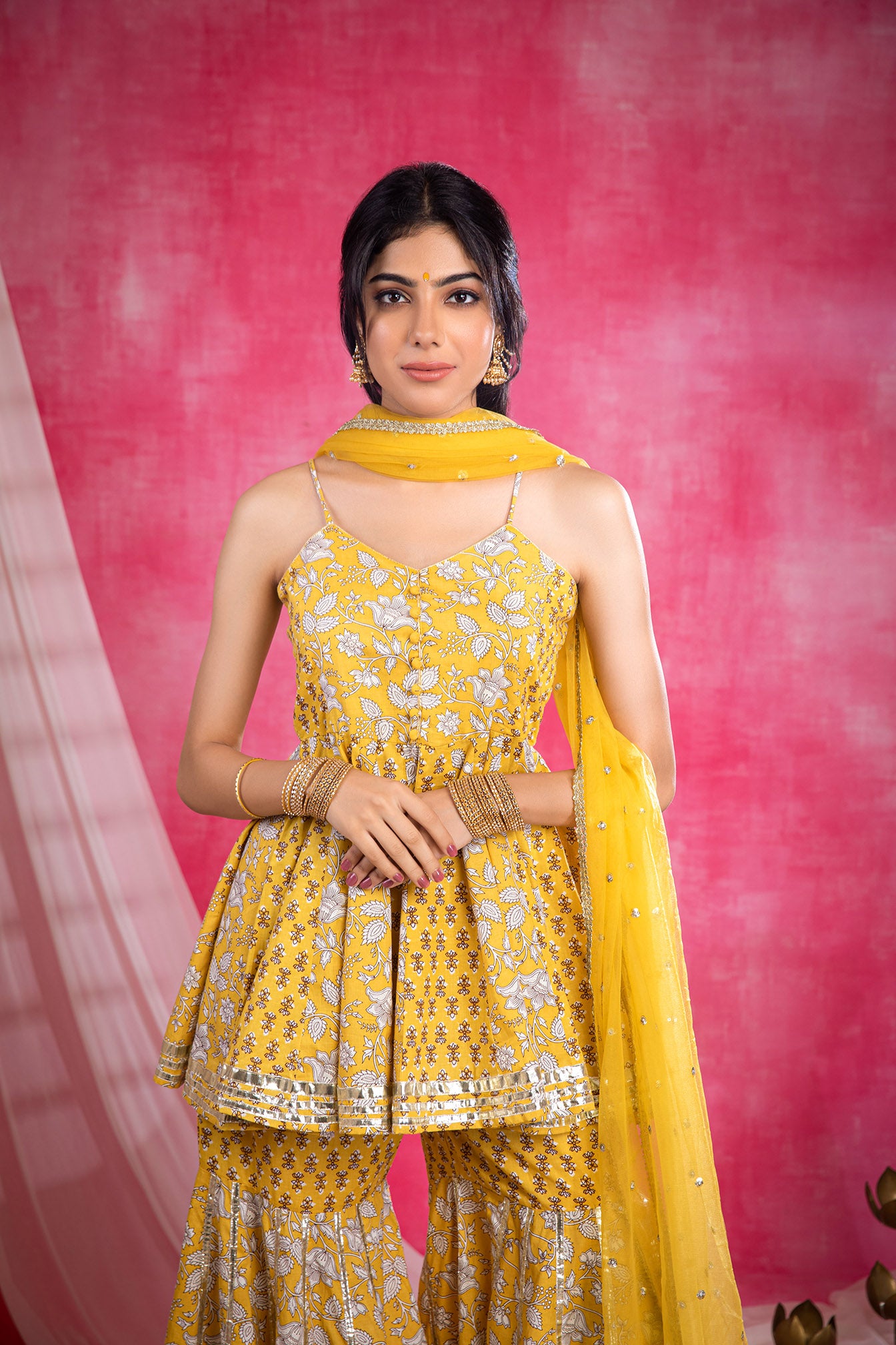 Yellow Cotton Printed Sharara Suit (Set of 3)