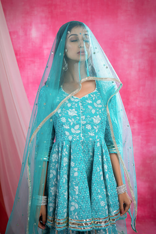 Blue Cotton Printed Sharara Suit (Set of 3)
