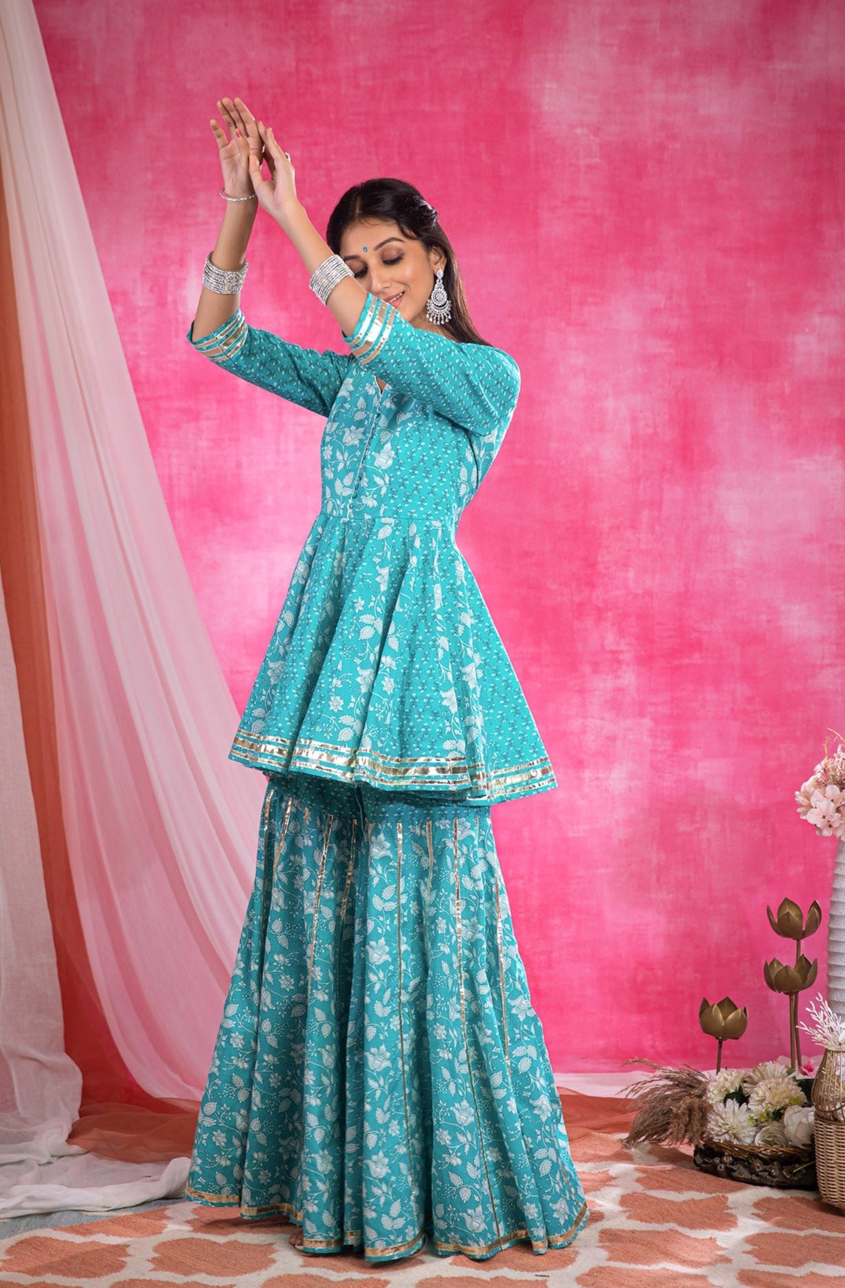 Buy Peacock Blue Printed Semi Crepe Readymade Sharara Suit - Koskii