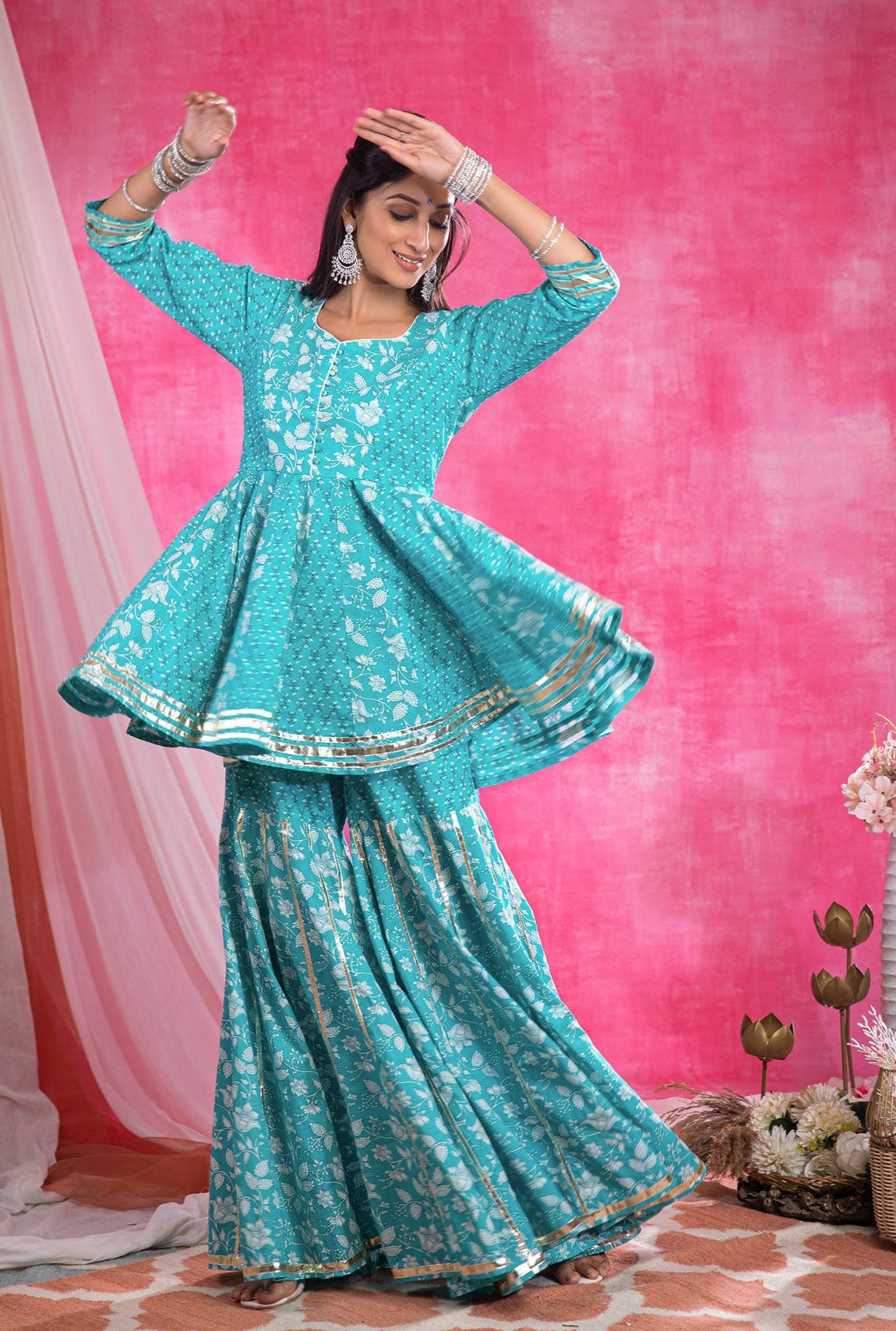 Blue Cotton Printed Sharara Suit (Set of 3)