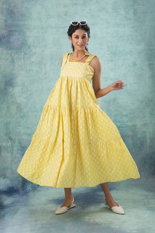 Lemon Handblock Printed Cotton Dress