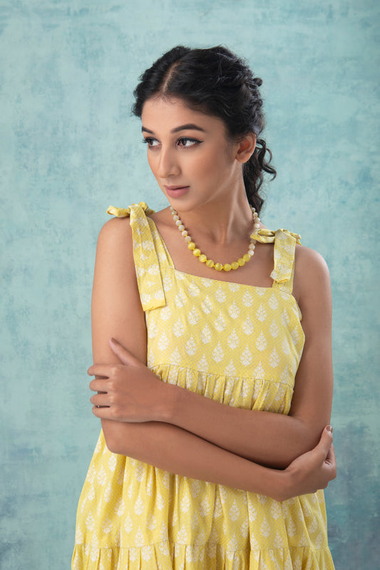 Lemon Handblock Printed Cotton Dress
