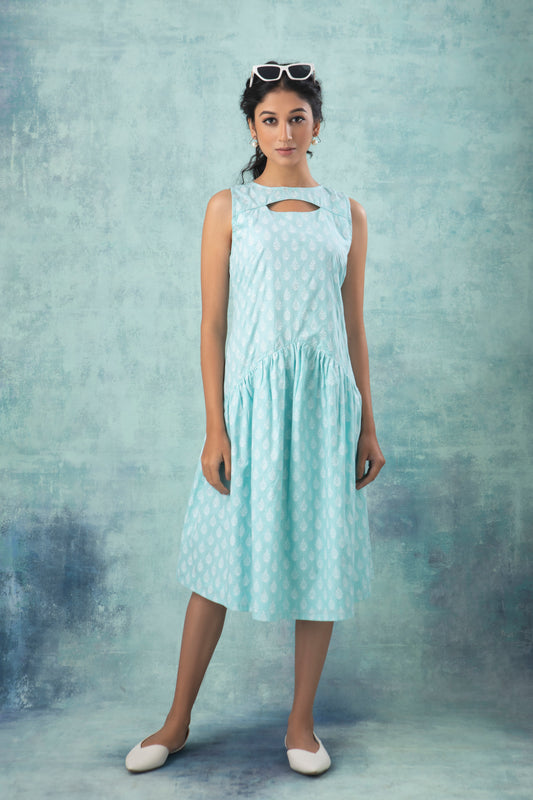 Pastel Blue Handblock Printed Cotton Dress