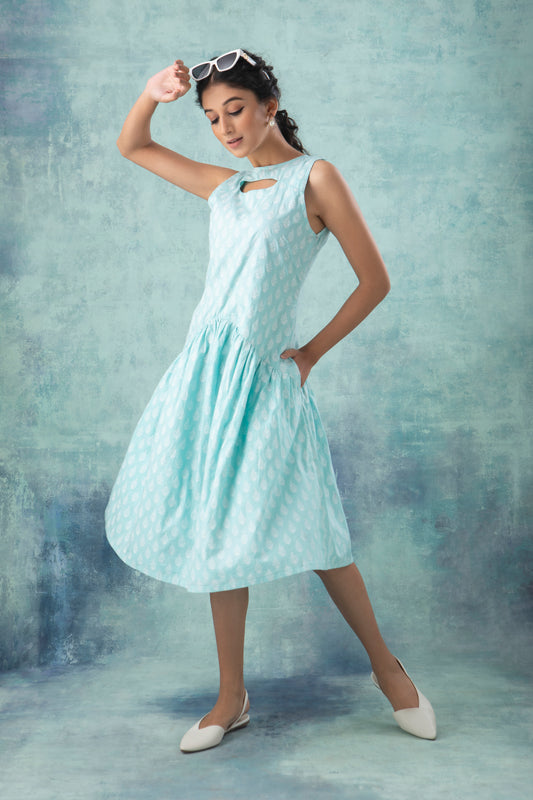 Pastel Blue Handblock Printed Cotton Dress