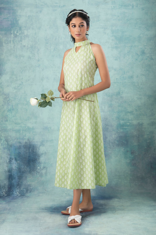 Halter Neck Green Handblock Printed Cotton Dress