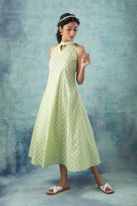 Halter Neck Green Handblock Printed Cotton Dress