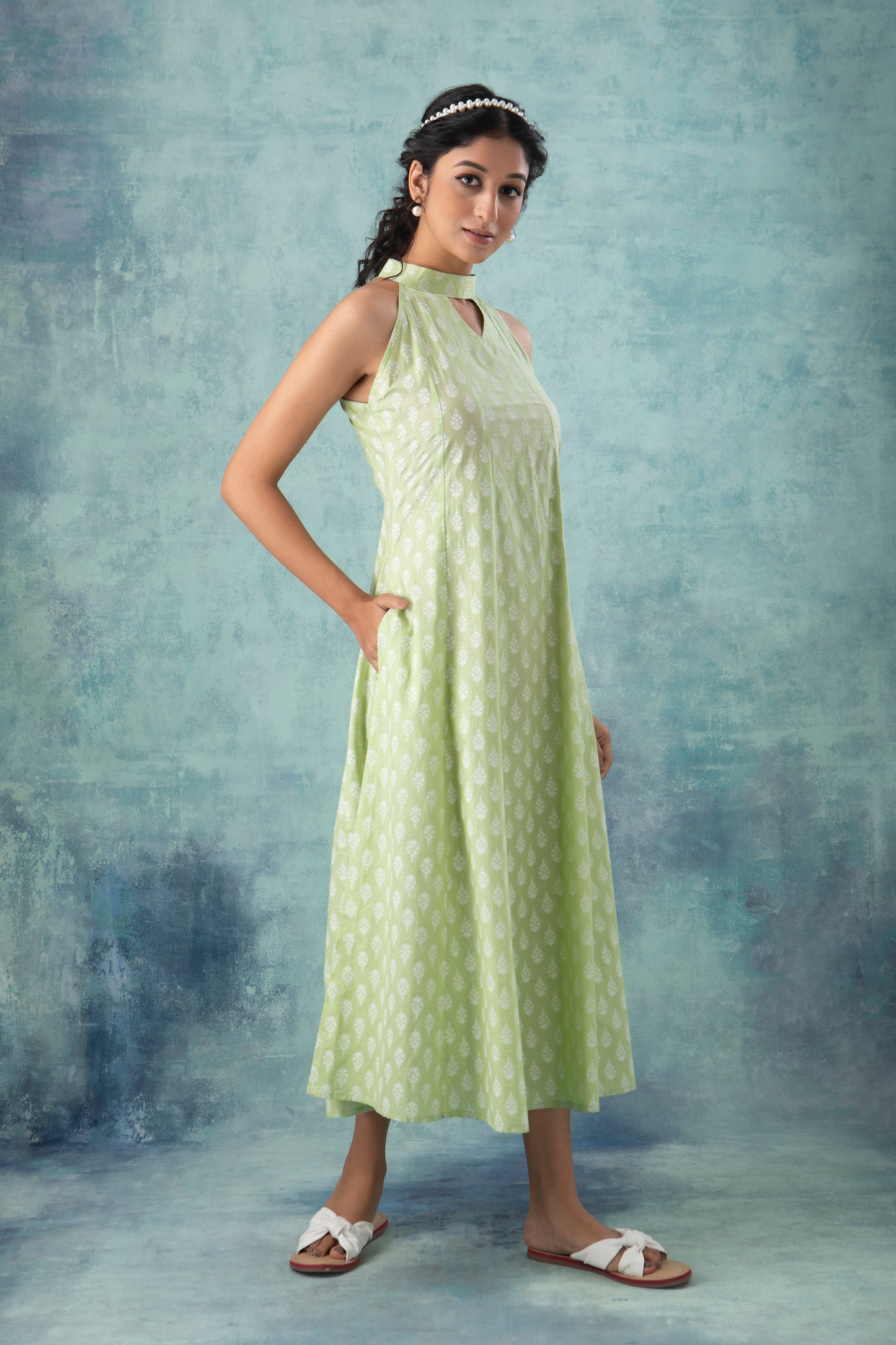 Halter Neck Green Handblock Printed Cotton Dress