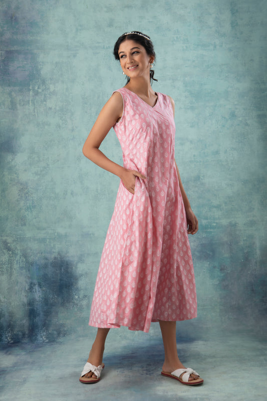 Pink Handblock Printed Cotton Dress