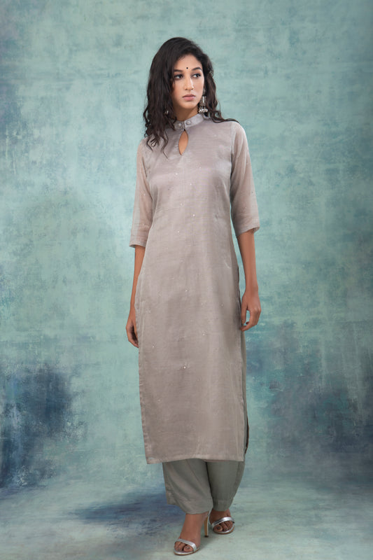 Grey Mukaish work Tissue Kurta with & Palazzo (Set of 2)