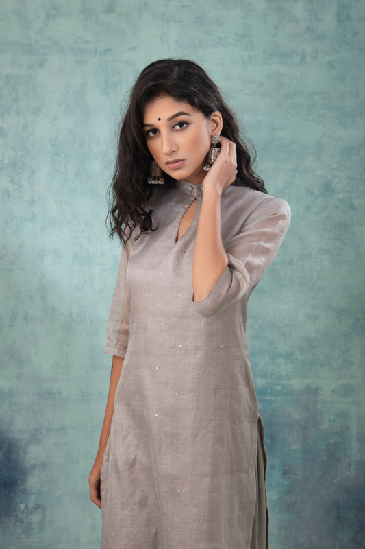 Grey Mukaish work Tissue Kurta with & Palazzo (Set of 2)