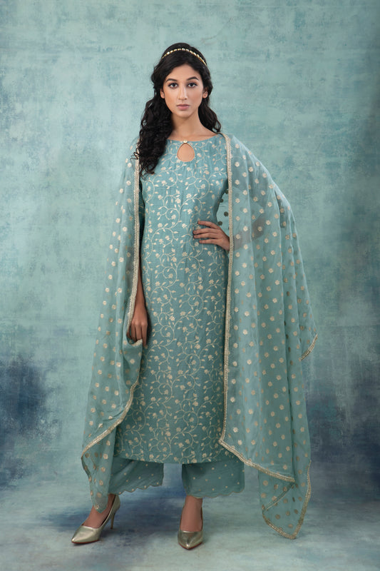 Sky Blue Banarsi Dola Silk Suit (Set of 3)