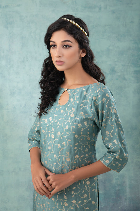 Sky Blue Banarsi Dola Silk Suit (Set of 3)