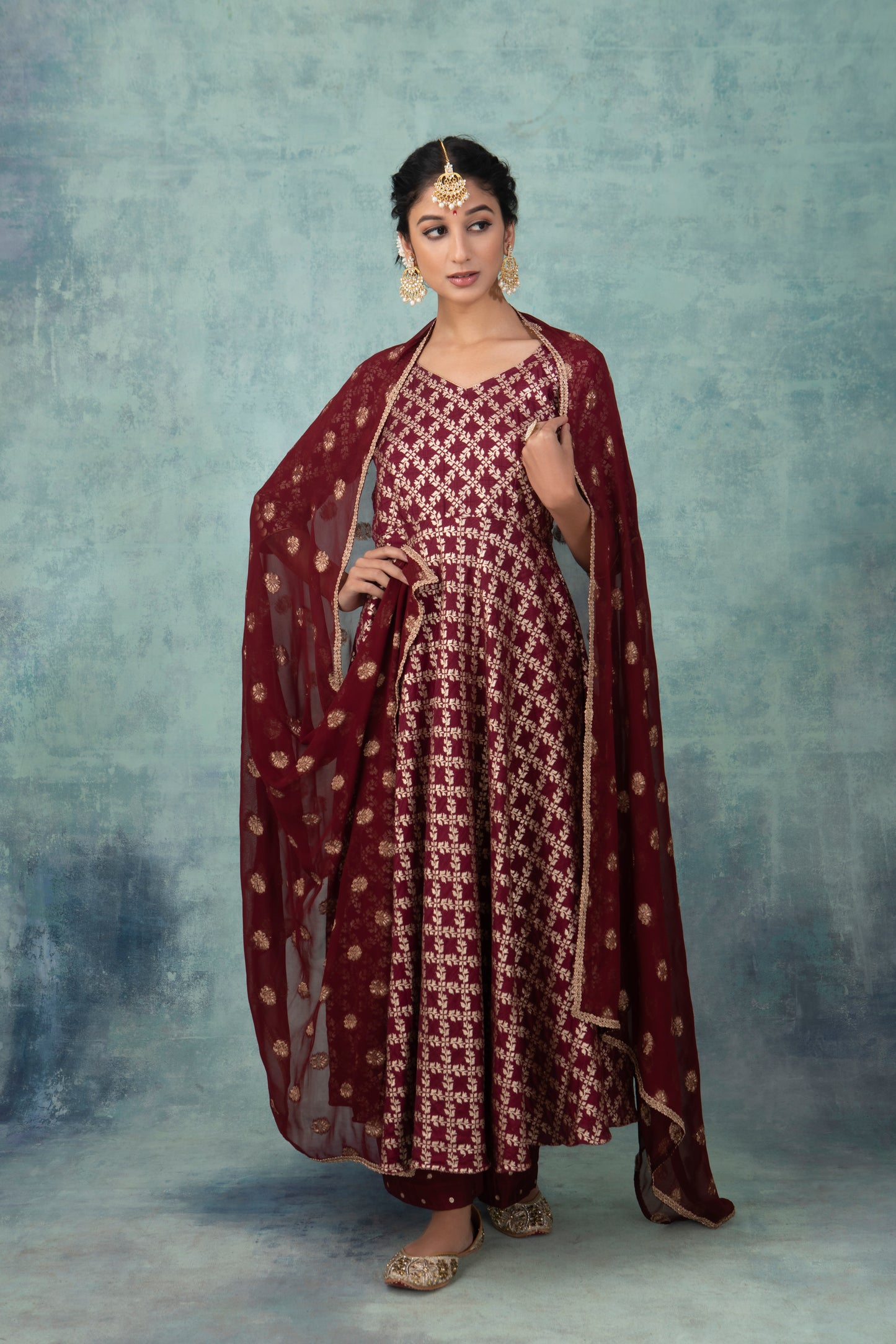 Maroon Banarasi Dola Silk Suit (Set of 3)