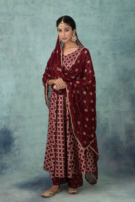Maroon Banarasi Dola Silk Suit (Set of 3)