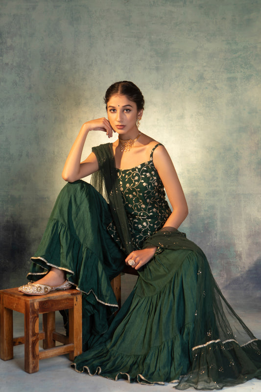 Bottle Green Banarsi Dola Silk Sharara Suit (Set of 3)