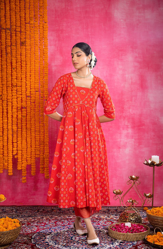 Red Cotton Printed Suit with Organza Dupatta (Set of 3)