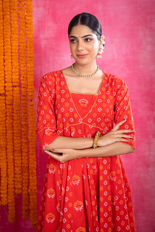Red Cotton Printed Suit with Organza Dupatta (Set of 3)