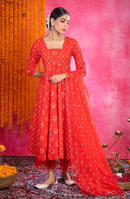 Red Cotton Printed Suit with Organza Dupatta (Set of 3)