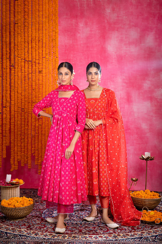 Pink Cotton Printed Suit with Organza Dupatta (Set of 3)