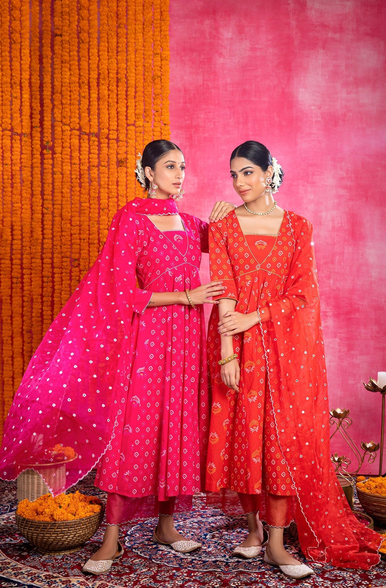 Red Cotton Printed Suit with Organza Dupatta (Set of 3)