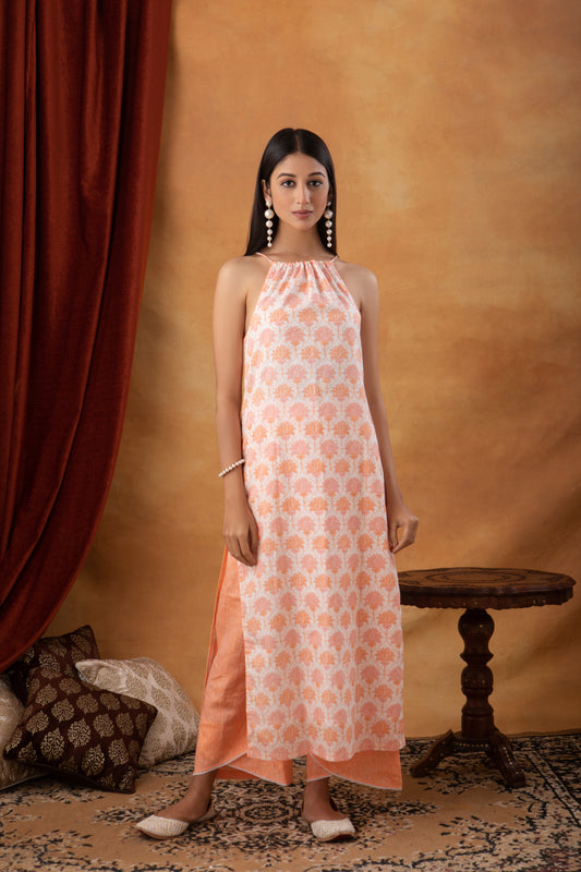 Halter Neck Cotton Printed Kurta with Pure Linen Palazzo (Set of 2)
